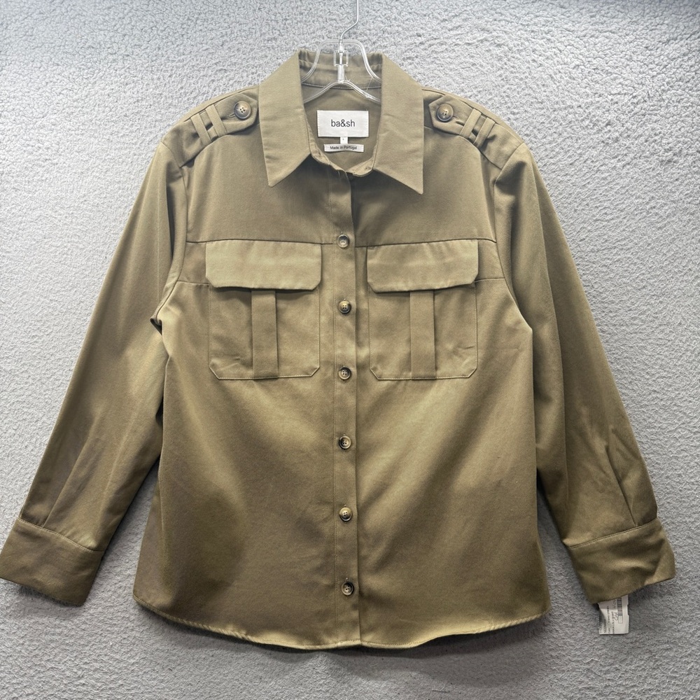 ba&sh Mania Long Sleeve Button Up Shirt Top Khakis Green Front Pockets Cotton S